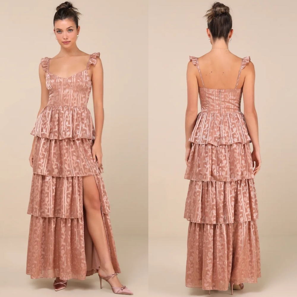 Lulu's Rose Taupe Tiered Satin Jacquard Maxi Dress